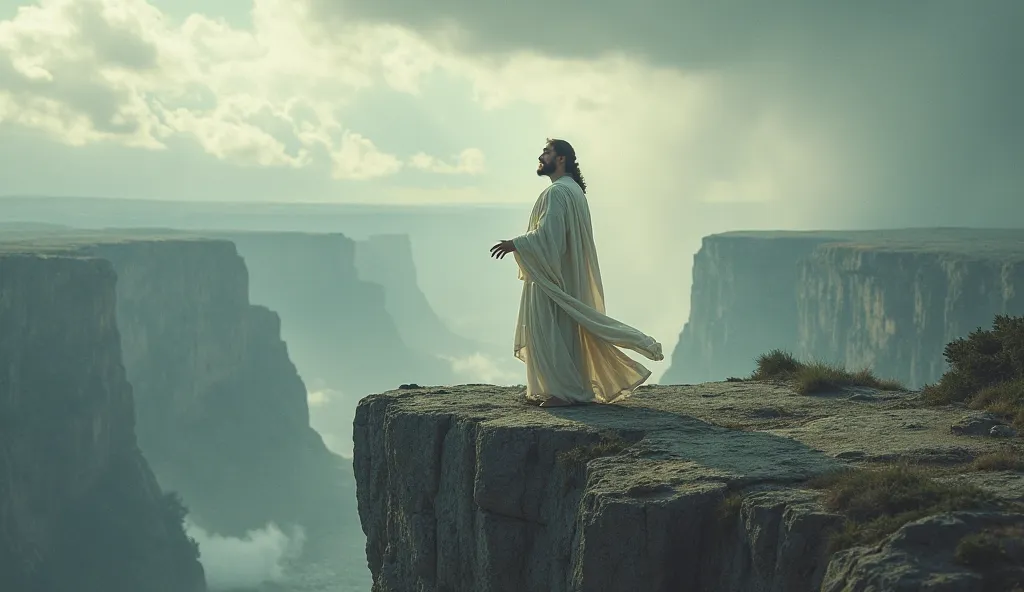 Create a hyper-HD, ultra-hyper-realistic image of Jesus standing on the edge of a cliff, the wind howling around Him. The vast landscape symbolizes the chaos of life, yet His peaceful expression reflects His ability to hear God’s voice in the midst of the ...