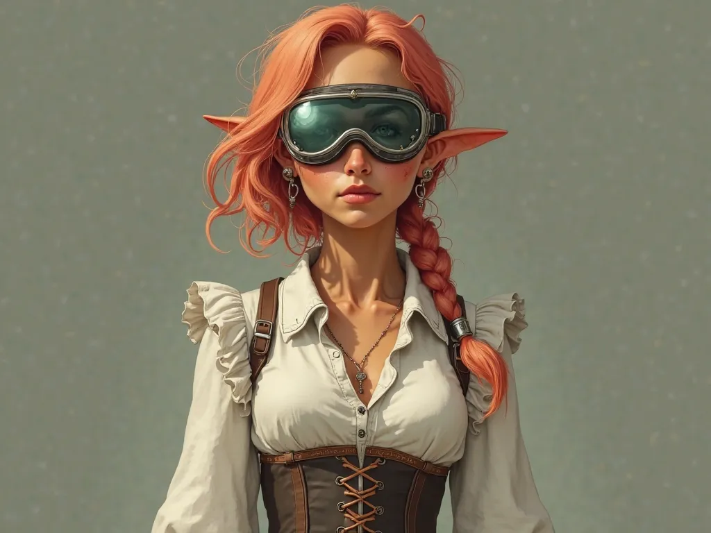 Young woman, with a tanish complextion, a few faint scars on her face and eyebags, her hair a light coral slightly curly in a braid with a pair of forge goggles over her eyes, she wears a long white shirt with a collar, and ruffles on the wrists and under ...