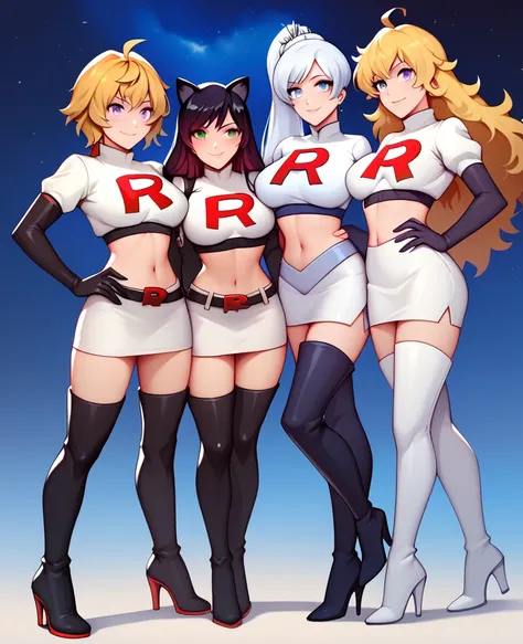 4 girls, quartet, Team rocket, team rocket uniform, red letter R, white skirt,white crop top,black thigh-high boots, black elbow gloves, evil smile, night sky background, large breasts, high-heeled boots, Ruby Rose, Yang Xiao Long, Weiss Schnee, Blake Bell...