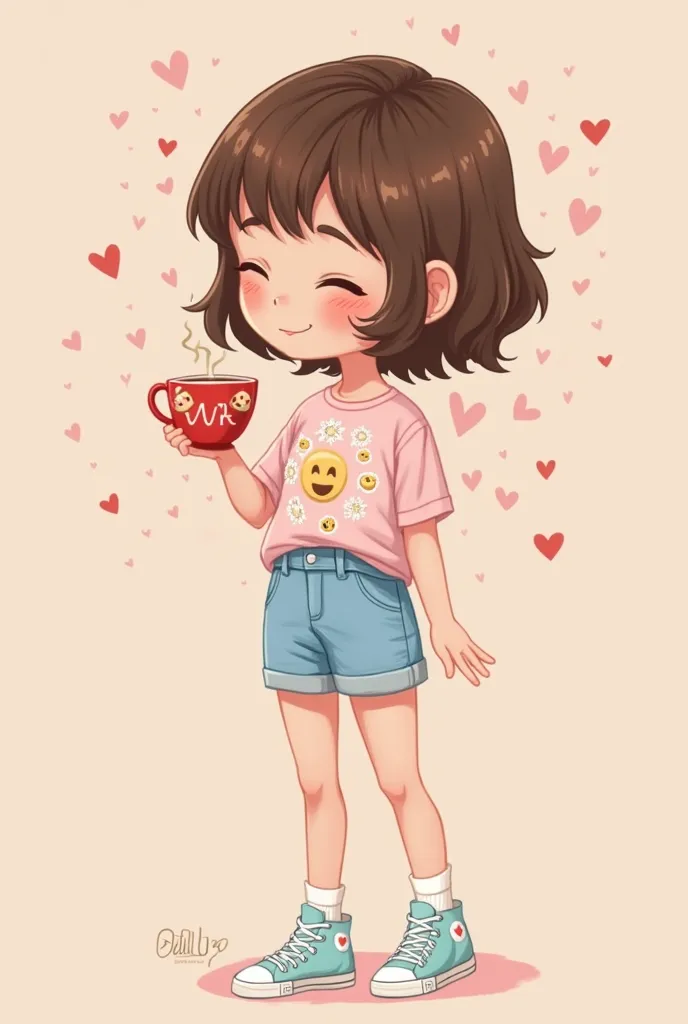  Delightful Dolly art style,short brown hair,Closed eyes and trace-shaped mouth,ela esta usando shorts jeans,light pink shirt with delicate emoji print and light blue all-star sneakers,she has a cup of red coffee with white hearts print,she is smelling hot...