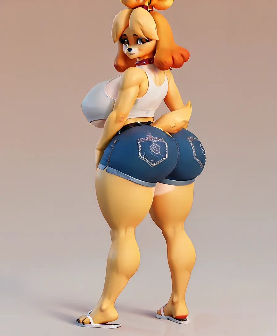 anthro, big breasts, big butt, big tail, breasts, brown eyes, butt, claws, collar, curvy figure,tight thicc jeans,black belt,thicc fat ass, ear piercing, ear ring, female, formal wear, fur, hair, hair bun, hourglass figure, huge breasts boobs, huge butt, p...