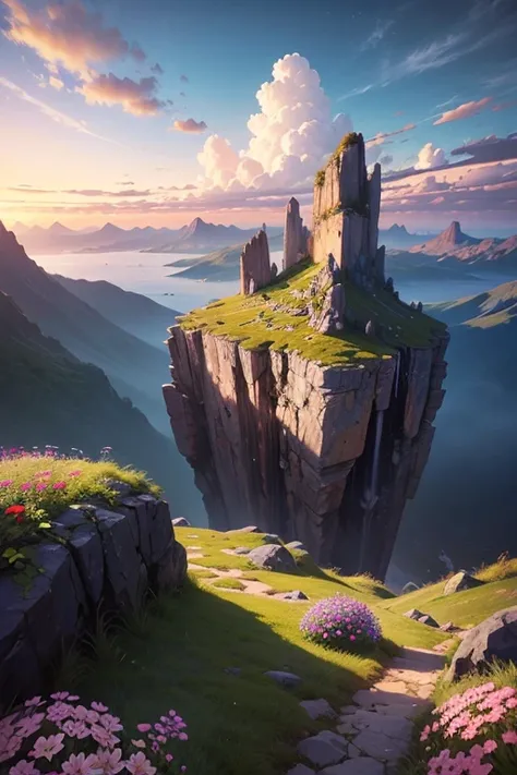 masterpiece, Large island, colored flowers. Beautiful sky and rocks in the distance. Adventure landscape .  Top quality ,  Detailed.