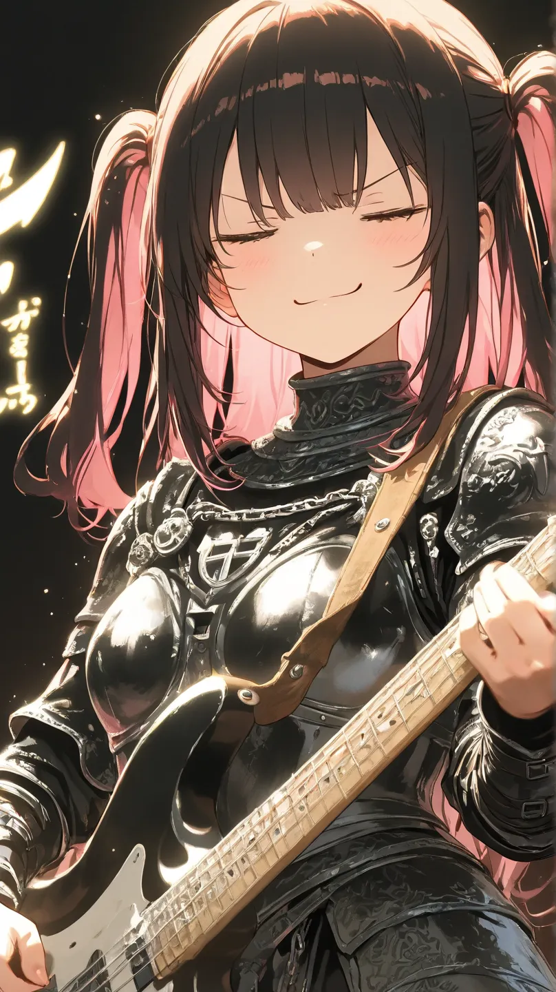 an 8bit top view sprite of a small 20 year old girl with pink twintail hair wearing a brown medieval leather armor while playing an axe shaped black metal guitar doing a rock sign with a smug expression, black background,  high detail, high quality, best q...