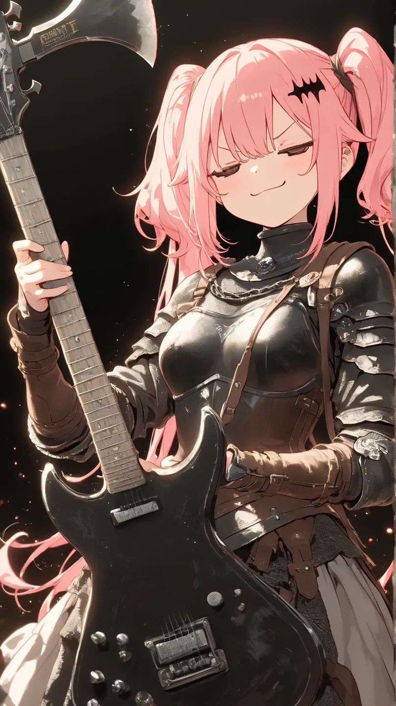 an 8bit top view sprite of a small 20 year old girl with pink twintail hair wearing a brown medieval leather armor while playing an axe shaped black metal guitar doing a rock sign with a smug expression, black background,  high detail, high quality, best q...