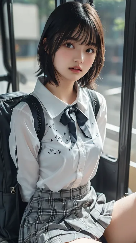 (cowboy shot)、 alone、(Japanese Girl)、Beautiful woman with short hair,( school uniform)、Plain Shirt、 shirt with chest emblem , pleated skirt, (( sitting on the bus )),(close your eyes)、(((Get a good night's sleep)))、(((weak)))、((sleep))、((居sleep))、((Delicat...