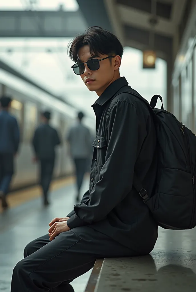 a buzzcut 30-year-old japanese man wearing sunglasses, wearing black uniform wearing long black cargo pants, hand carrying black backpack, relaxed sitting pose , morning atmosphere at train station