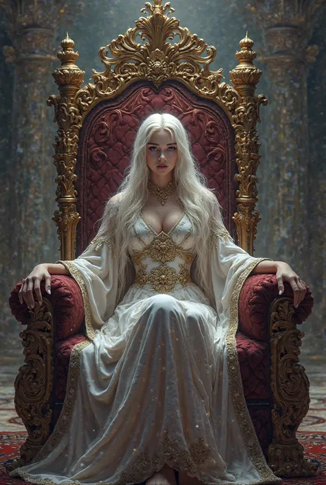 Ancient queen sitting on the throne , platinum blonde hair and violet eyes 