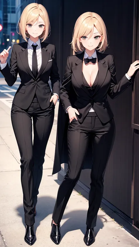 sexy older sister in a black suit　　 　　I'm wearing a black tie　black suit trousers　A radiant smile　 high resolution　 HD