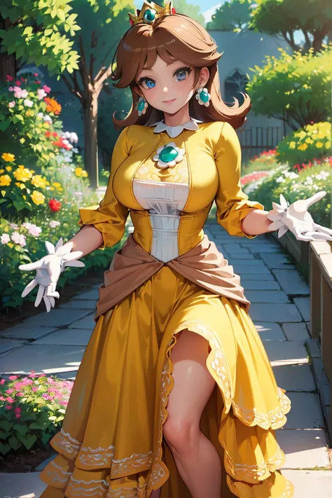 ((masterpiece,best quality,ultra-delicate,Perfect Face,detailed eyes,16k,high resolution,very beautiful girl)), princess daisy, yellow princess long skirt dress, white gloves, brown hair,large breasts,,smile,energetic,many flower garden,heart hands