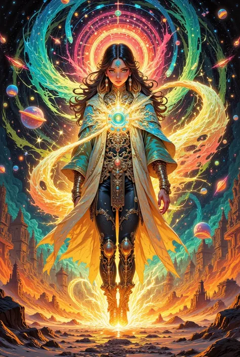 masterpiece, high-quality, A time traveler with swirling bands of light circling her body, each representing different eras casting shifting shadows of various ancient and futuristic architectures onto her, She holds a small rotating hourglass filled with ...