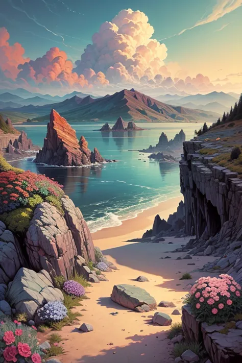 masterpiece, Large island, colored flowers. Beautiful sky and rocks in the distance. Adventure landscape .  Top quality ,  Detailed.