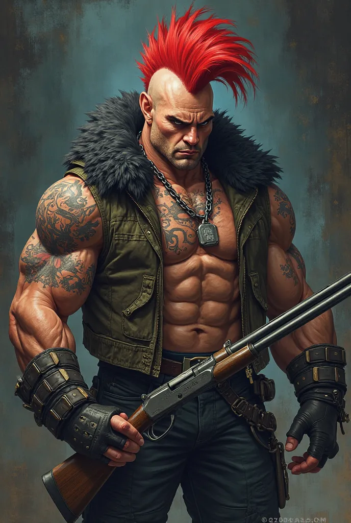  Highest quality, textured skin, Skinhead Man,Hahaha,red mohawk cutter, muscular thick and rugged body,jacket with black leather fur on bare skin,earrings,Intimidating, blank stare, goblins, anime,Dog Tags,warrior maiden tattoo,pointed ears,pump-up shotgun...