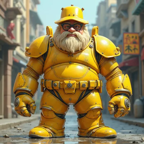 A yellow-skinned man wearing a yellow helmet  , and black glasses with an idiot's face , with yellow armor and white arms,  Large in stature with a blond beard on the pear 