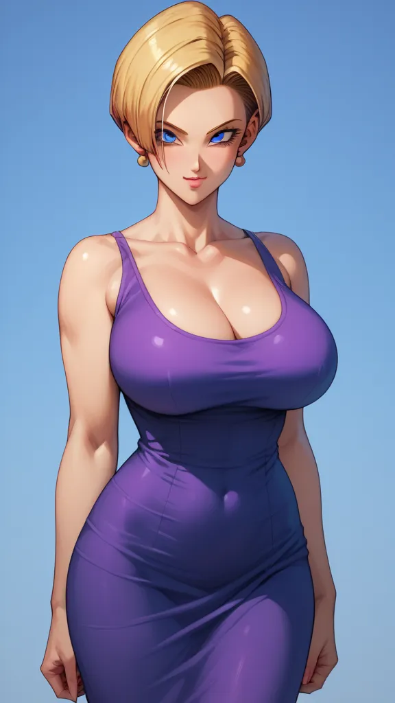 (Mature Woman Standing、Highlight ,  detailed, Perfect Eyes, Charming Perfect Female Body, Beautiful Girl Has Perfect Huge Breasts,  charming woman , Oyama Valley, V Neck Tight Super Small Dress,  Hihelzflux, Artificial Man 18 Dragon Ball