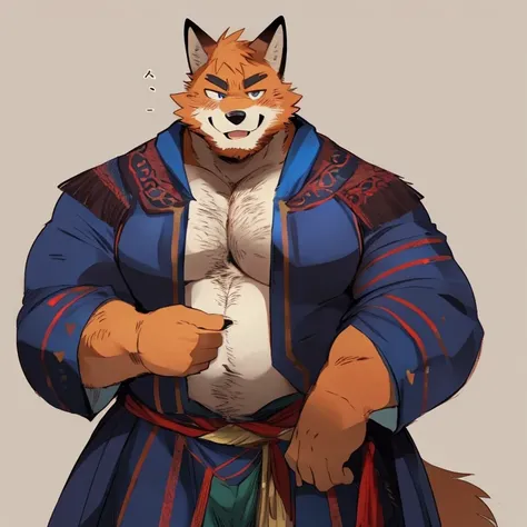 fox, furry, orange fur, handsome, very muscular, very big, extremely hot and sexy, beard, hair, chest hair, charming eyes, solo, male, happy expression, daddy, full body, big body, blue medieval clothes, middle aged, by hyaku, by darkgem, by glitter trap b...