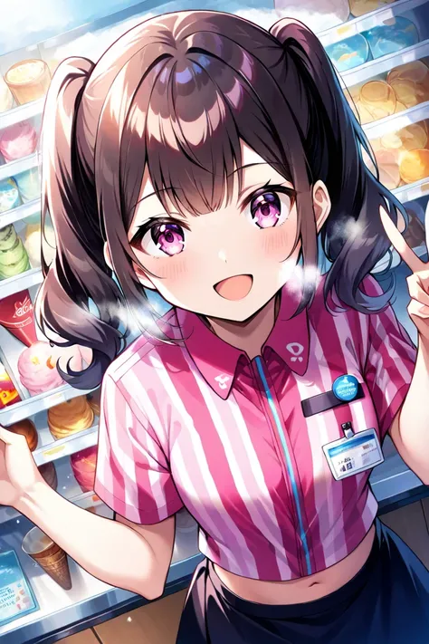 masterpiece,best quality,4k,look at viewer,good quality,1 girl,Pink wavy twin tails, light blue and pink odd eyes, cute,cap,solo,employee uniform,uniform,shirt,name tag,short sleeves,striped shirt,striped,vertical-striped shirt,pink shirt,vertical stripes,...