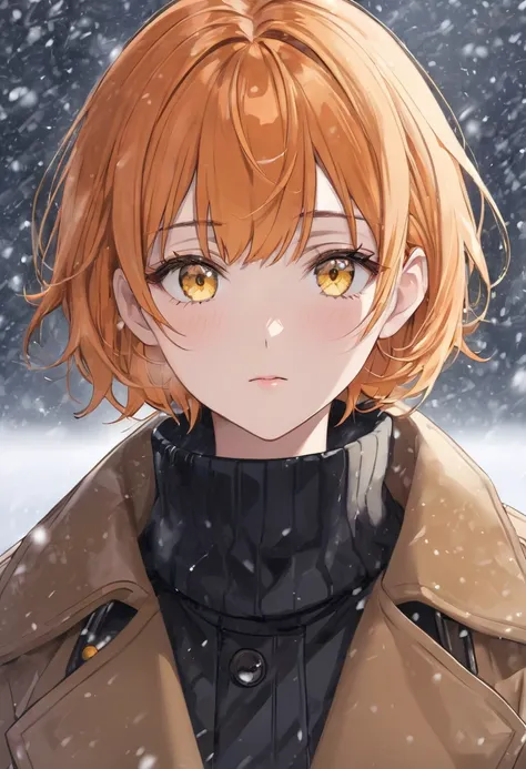  cool adult woman ,  short orange hair and yellow eyes 、slightly lonely face、face close-up、 coat、snowstorm background 