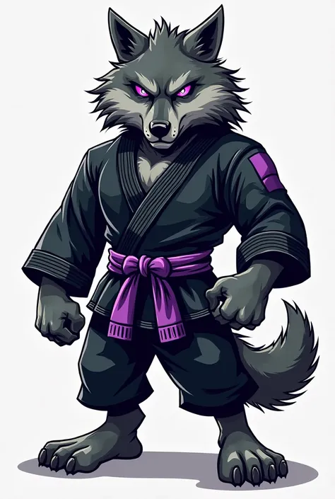 Create a mascot of an anthropomorphic wolf standing, with a confident and imposing posture. He must have gray and black fur, with a mostly black body. The wolf wears a black Jiu-Jitsu kimono with subtle details for realism and texture, tied with a well-def...