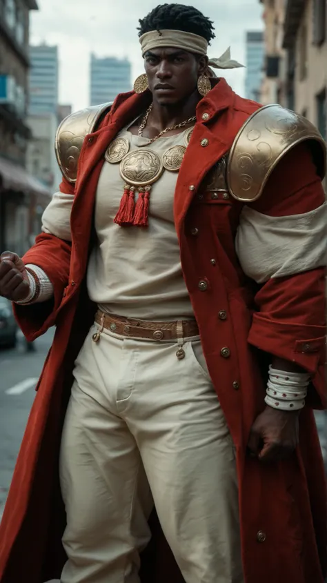 Avdol is a character with a muscular build. The character has a black skin tone .black african hasta hair . Beige  headband.He is dressed in a red long, flowing red coat with exaggerated shoulder pads, over a white, form-fitting top, beige shirt , beige pa...