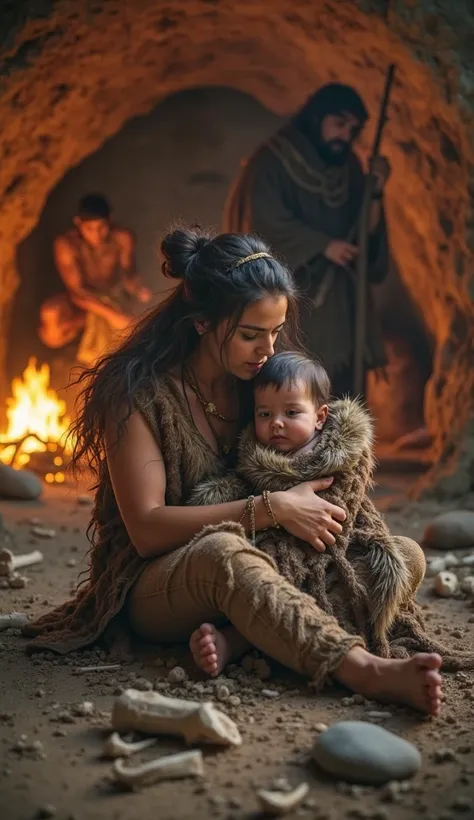 "A POV view of a prehistoric mother holding a baby wrapped in animal fur, inside a cozy cave. around, other ren play with bones and stones, while a defocused man prepares a bonfire. The warm light of the fire illuminates the environment, highlighting the a...