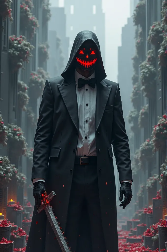 Male human with a black mask with a red smiling face as a design of the mask,tuxedo suit with black gloves holding a netherite sword from Minecraft standing in a Minecraft world with the title the last human on top