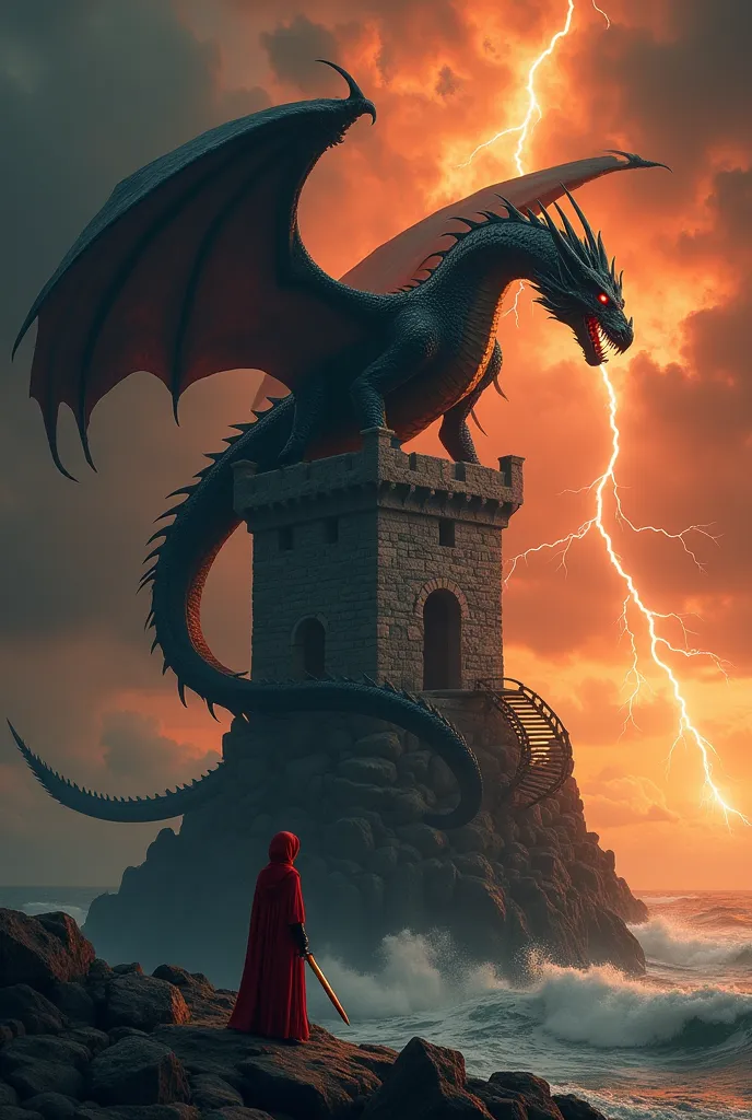 Surrealism dark fantasy A huge, menacing black dragon with sharp, intricate scales and flaming red eyes perched atop a crumbling stone tower. Dragon's wings outstretched, casts a dark shadow over the scenery.  his mouth is open , exposes a row of razor-sha...