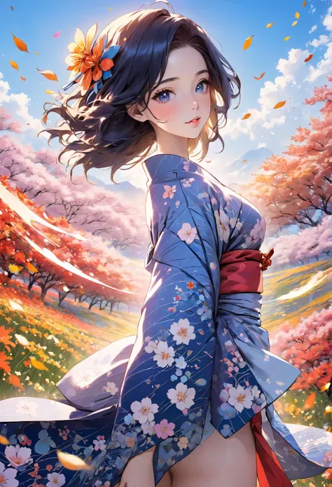 Young and beautiful woman in kimono, autumn outfit, traditional Japanese beauty embodied in kimono, pale navy blue floral pattern, bright colors, anatomically beautiful body,, colorful flower field, blue sky, perfect depiction, detailed anime art, CG,