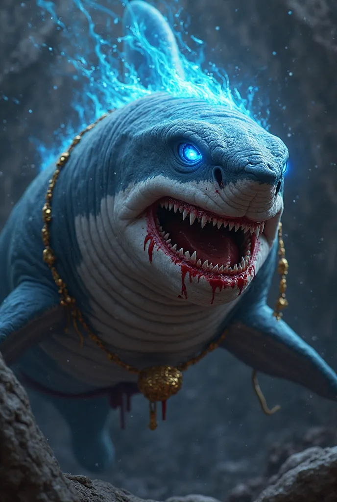 Create a shark drawing with blue fire flames in the eyes, With blood and a golden cord around his neck 