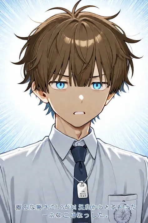 ((1boy)),brown hair, medium hair,Straight bangs, messy hair, light blue eyes, cold expression, school clothes,indifferent eye, tie, upper body, white background,Long, tail