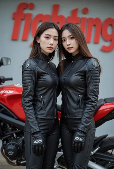 a man and a young woman who wore driving clothes and gloves,women with long straight brown hair behind unraveled, posing in front of a sport motorcycle.  They stand and embrace looking like they are advertising for a particular product or brand, given the ...