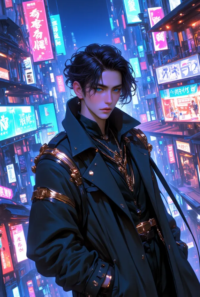 (cyberpunk style:1.4), (Asian Korean man:1.47), (model:1.3), (black hair:1.3), 
wearing a (cyberpunk outfit:1.7) with (small black and golden details:1.3). 
he has (pale skin:1.2), (thick eyelashes:1.3), (sharp facial features:1.47), and ((blue piercing ey...