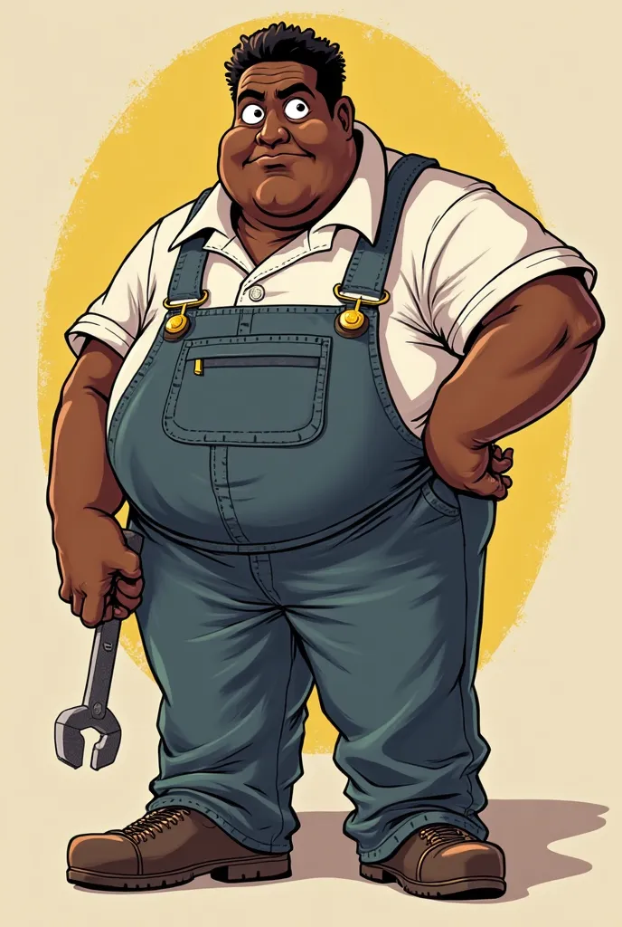 A vibrant, Pixar-inspired illustration of an overweight black man wearing 1970s tire repair clothes and holding a tool in his hand, wearing a white collared shirt, posing confidently exuding a bold, rebellious attitude, including bright, expressive eyes.