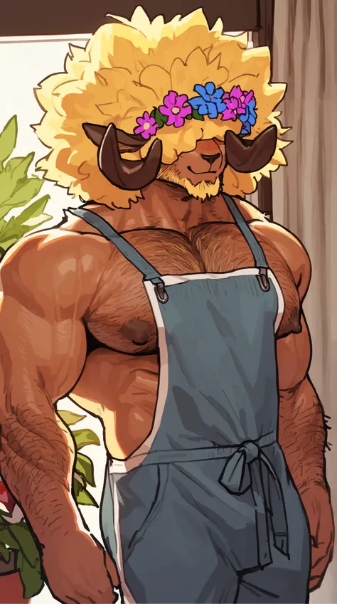 bara ram, full body, perfect anatomy, masterpiece, hunk, huge ram horns, florist, thin beard, dynamic light, blond afro haircut, afro covering the eyes((, the hair is covering the eyes, flower crown in the hair):1.1), hair shoulders, hairy chest, hairy ...