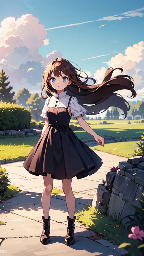 Beautiful two-dimensional girl ,standing with her hair being blown by the wind, looking into the distance or at the camera.