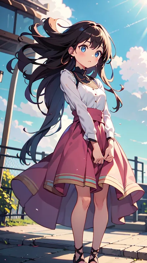 Beautiful two-dimensional girl ,standing with her hair being blown by the wind, looking into the distance or at the camera.