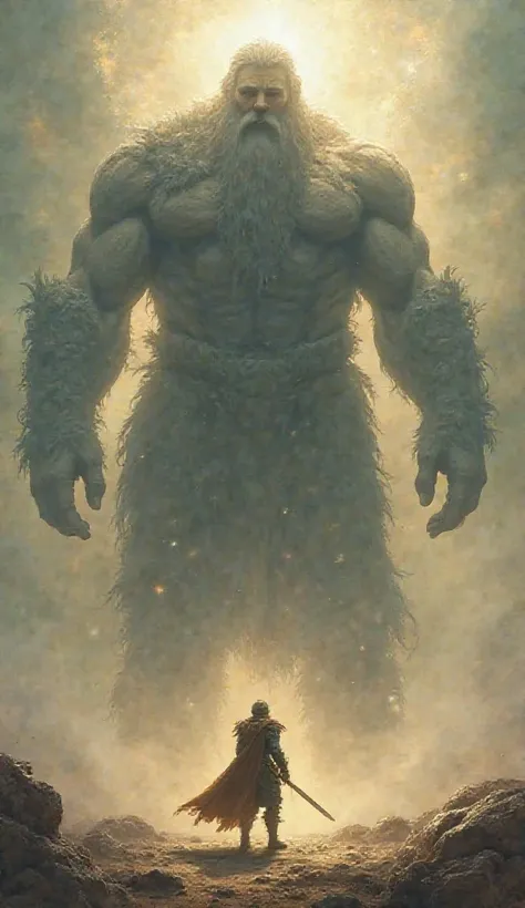 An intense scene of a small warrior facing a huge giant, but with a bright light on him, symbolizing God's presence. The warrior doesn't seem scared, but confident,  ready for battle .