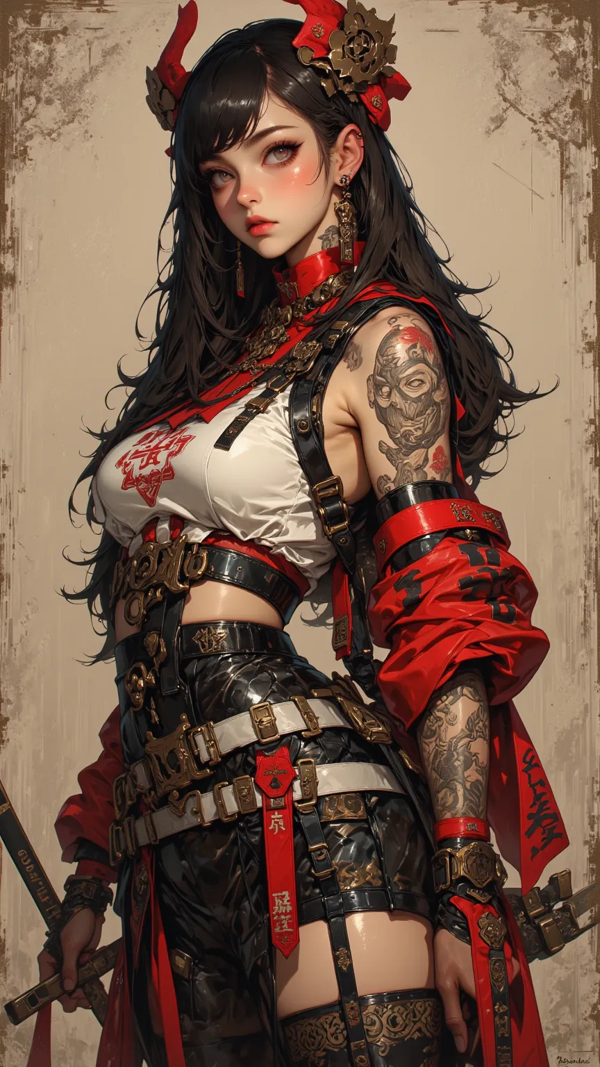 depicts a curvy teenage girl，Samurai lady with thick lips and huge chest ，Slim Waist，Wear fashionable clothes，has a number tattoo and a tattoo on the arm，showing thick eyelashes and moles under the eyes，Combines oil painting techniques