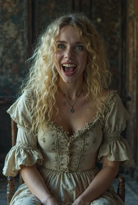 Vampire Woman Woman 38, normal complexion with vampire teeth long curly blonde hair blue eyes white skin and dressed in period clothing but in an old and dirty old shabby costume with a macabre smile clearly showing her terrible teeth in a room in an aband...