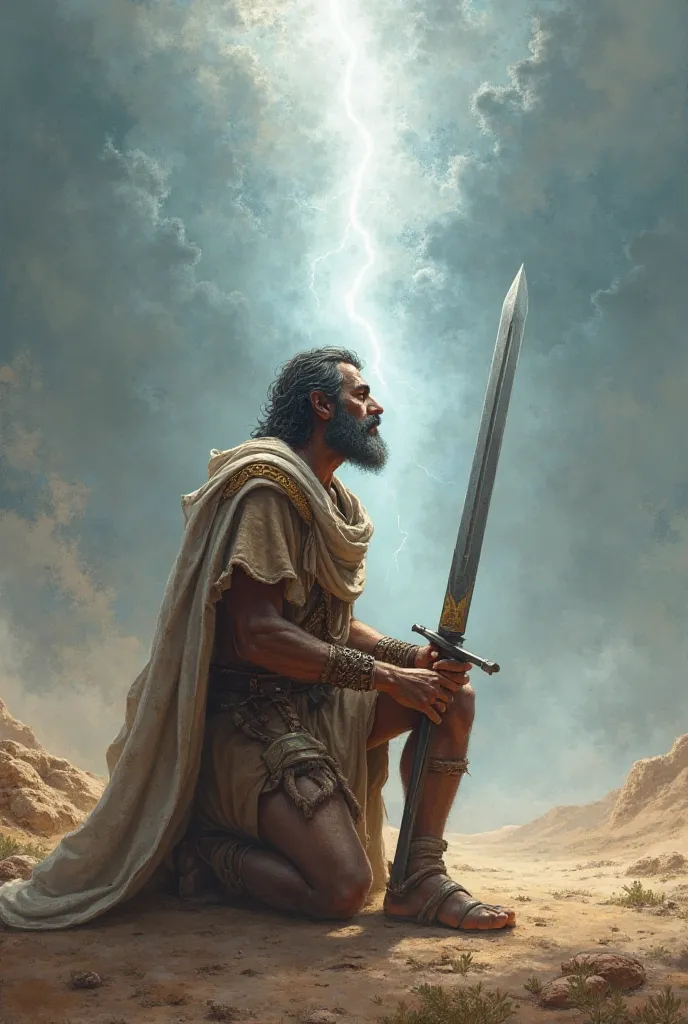 A male soldier from ancient Israel, kneeling with his sword stuck in the ground,  looking at the sky with determination . A white light appears in the sky that illuminates him