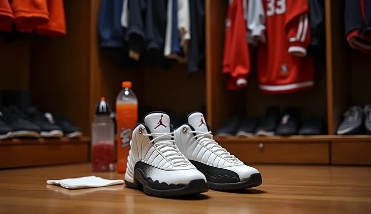 Jordan 12 blanche et noir 1997 

Un vestiaire NBA d’époque, avec des casiers en bois et des maillots suspendus. Une serviette est posée sur un banc, une bouteille de Gatorade à moitié vide à côté. L’ambiance est lourde, rappelant le ‘Flu Game’. Au sol, une...