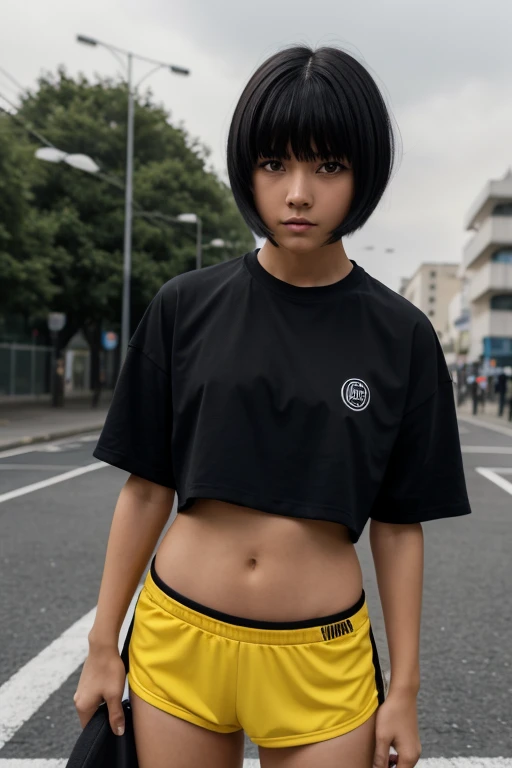  high resolution,   boyish ,   1 girl,  black hair, Sporty shortcuts,   asymmetrical hairstyle  ,  Asymmetrical bangs,   yellow eyes,  There are three circles in the middle of the eye,  Skater Style Street Fashion, slightly oversized bottoms, standing, fut...