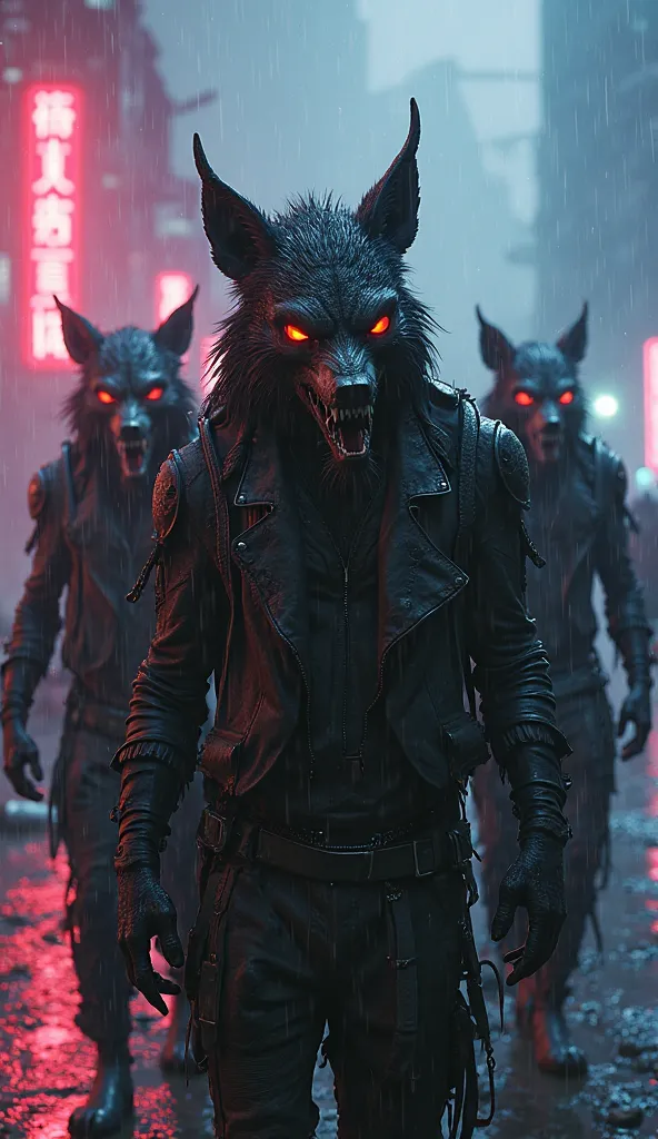 Humans with wolf fangs and torn clothes. The scene takes place on a dark, rainy planet with neon lights.
