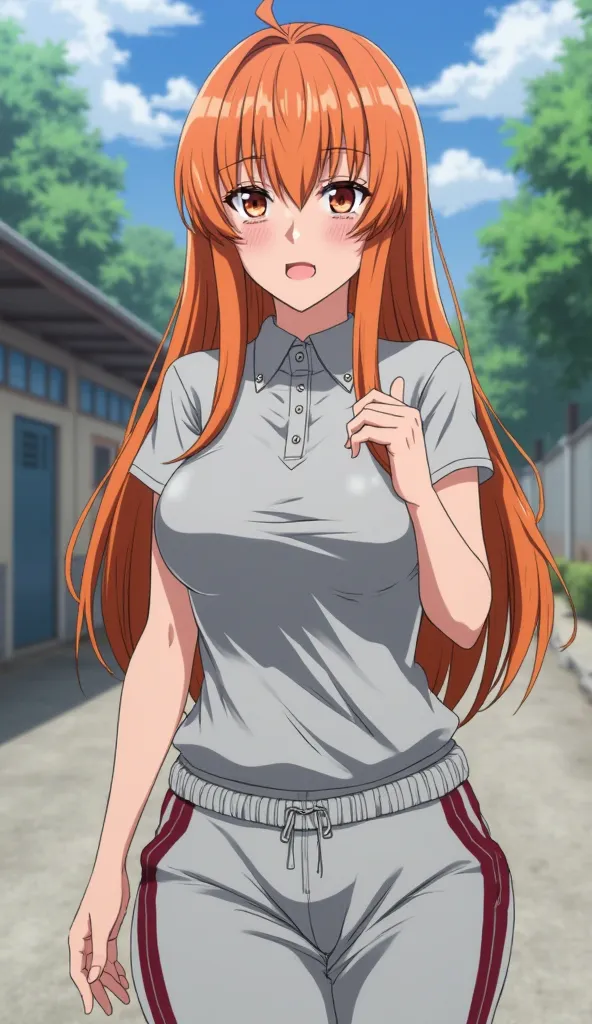 Anime Sexy, daring woman, posing sensually, orange hair, light gray short-sleeved t-shirt, collared t-shirt, big breasts, big hips, long light gray sports pants with dark red stripes on the sides, in the school yard.