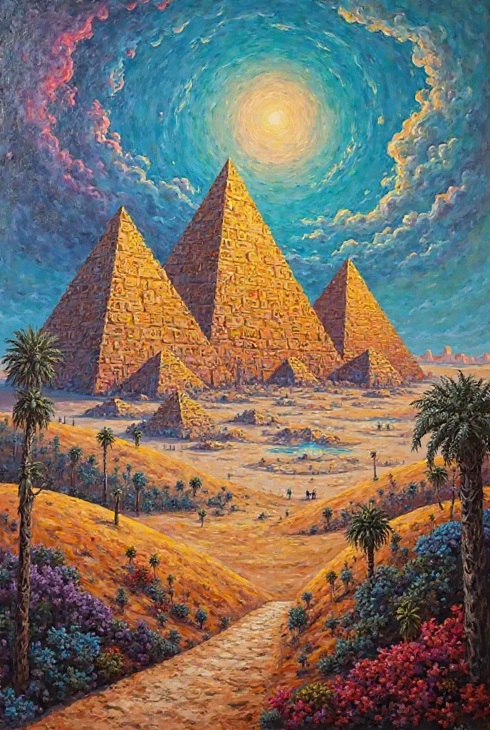 Expressionist oil painting,  landscape,The 3 pyramids inhabited in Egypt