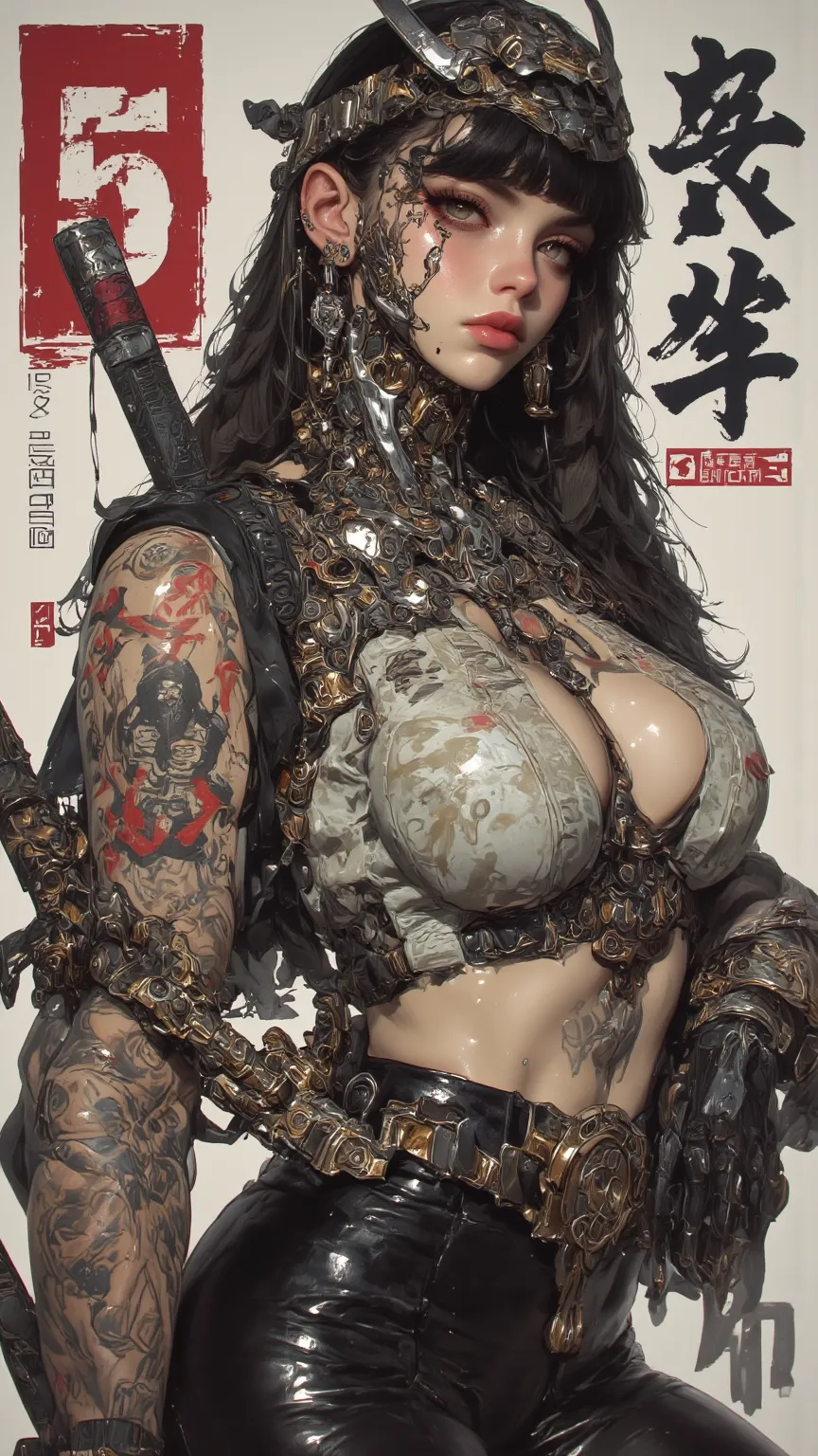 depicts a curvy teenage girl，Samurai lady with thick lips and huge chest ，Slim Waist，Wear fashionable clothes，has a number tattoo and a tattoo on the arm，showing thick eyelashes and moles under the eyes，Combines oil painting techniques