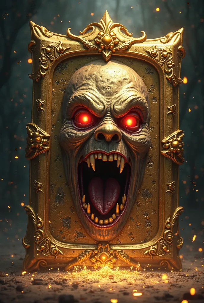 An ancient golden mirror, 2D animation style , with a frightening and demonic face engraved on its surface, bright red eyes and an open mouth as if trying to devour people, silver and gold lights emanating from it, dark and mysterious background with light...