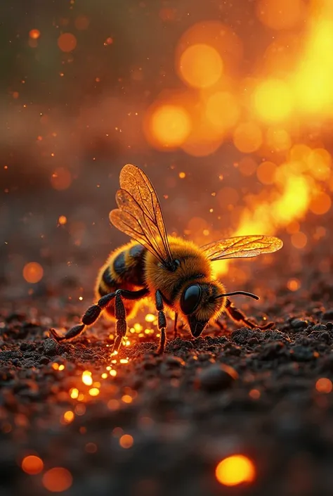 Bee on its back flying on fire and the path it has passed in red on fire