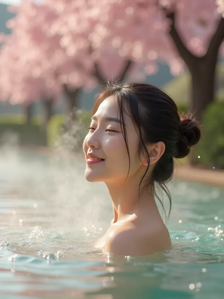 A woman in a hot spring with a view of a row of cherry blossom trees、vapor、 detox 、 happy、Summer Asahi 、 bun hair, 