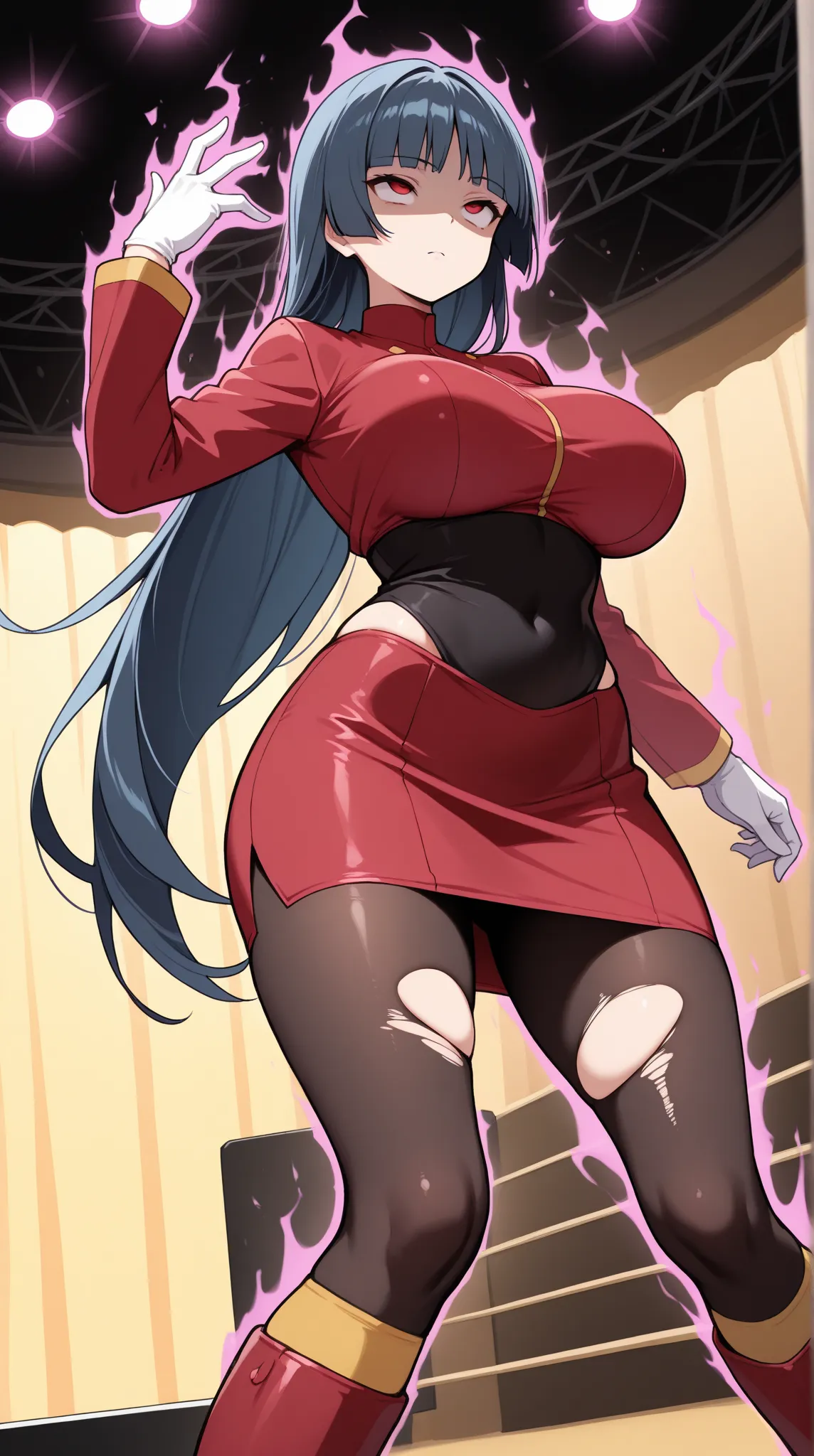 masterpiece, the best quality, 1 girl,  Dark blue, hime cut,  red bangs, very long hair, red eyes, body under clothes, Black body, red jacket,  cropped jacket ,  high neck , Pencil skirt, red skirt,  side opening,  white gloves, black tights, Red boots, ye...