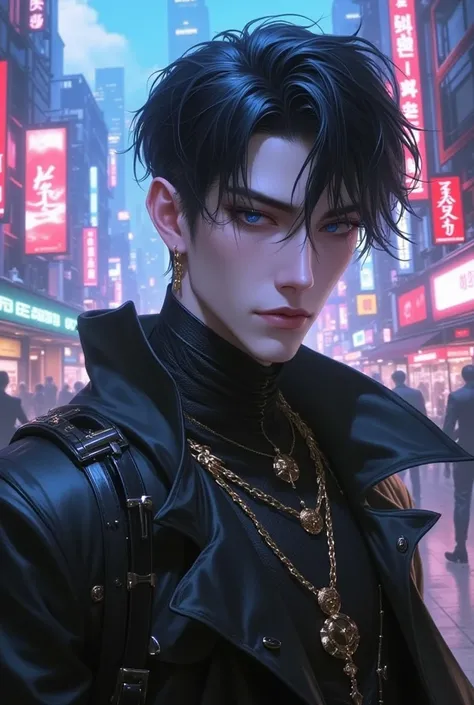 (cyberpunk style:1.4), (Asian Korean man:1.47), (model:1.3), (black hair:1.3), 
wearing a (cyberpunk outfit:1.7) with (small black and golden details:1.3). 
he has (pale skin:1.2), (thick eyelashes:1.3), (sharp facial features:1.47), and ((blue piercing ey...